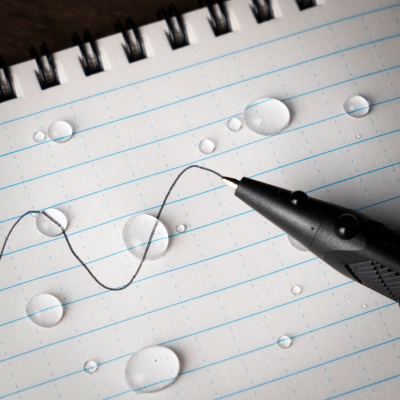 All-weather pen siting on notebook, ink written through water.