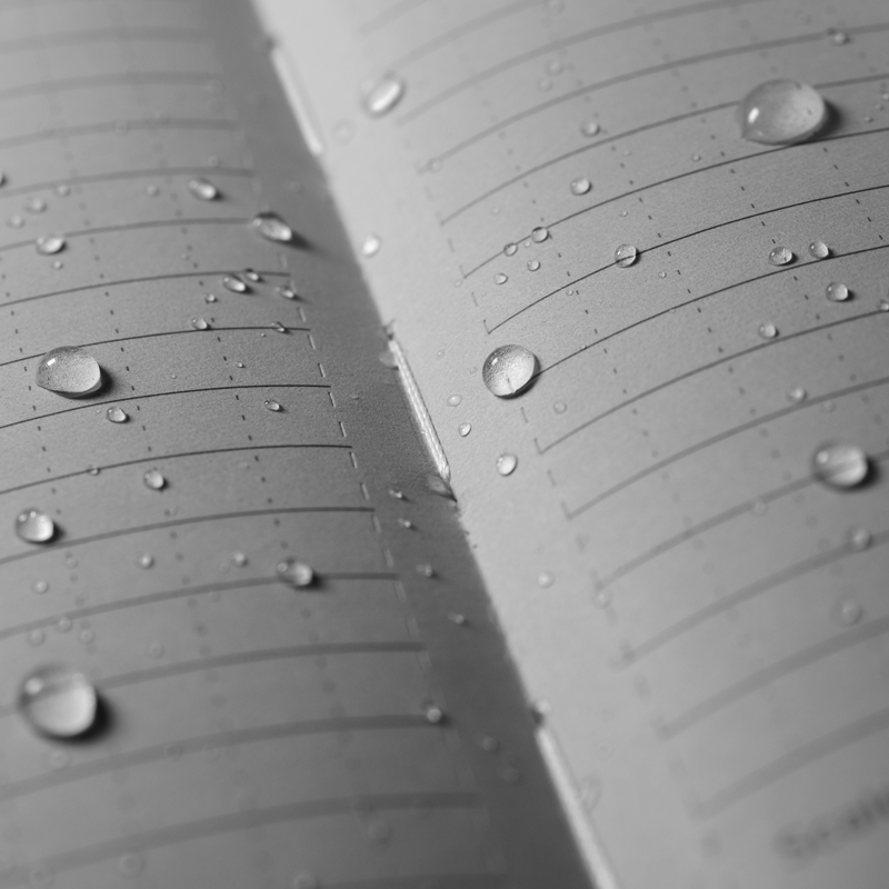 Sewn-in pages with water drops